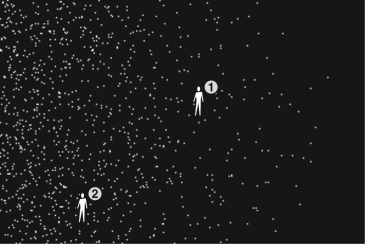 The figure below indicates a possible picture of a theoretical universe with two separate observers within it.Which of the following statements describes this universe?   A)  This universe is homogeneous but not isotropic. B)  This universe is isotropic but not homogeneous. C)  This universe is both homogeneous and isotropic. D)  This universe is neither homogeneous nor isotropic.