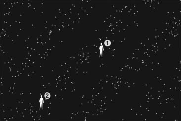 The figure below indicates a possible picture of a theoretical universe with two separate observers within it.Which of the following statements describes this universe?   A)  This universe is homogeneous but not isotropic. B)  This universe is isotropic but not homogeneous. C)  This universe is both homogeneous and isotropic. D)  This universe is neither homogeneous nor isotropic.