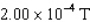 A coaxial cable consists of a thin insulated straight wire carrying a current of 2.00 A surrounded by a cylindrical conductor carrying a current of 3.50 A in the opposite direction.The cylindrical conductor has a radius of 0.420 cm.What is the magnitude of the magnetic field between the inner and outer conductors at a distance of 0.300 cm from the central wire? A)    B)    C)    D)   
