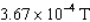 A coaxial cable consists of a thin insulated straight wire carrying a current of 2.00 A surrounded by a cylindrical conductor carrying a current of 3.50 A in the opposite direction.The cylindrical conductor has a radius of 0.420 cm.What is the magnitude of the magnetic field between the inner and outer conductors at a distance of 0.300 cm from the central wire? A)    B)    C)    D)   