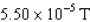 A coaxial cable consists of a thin insulated straight wire carrying a current of 2.00 A surrounded by a cylindrical conductor carrying a current of 3.50 A in the opposite direction.The cylindrical conductor has a radius of 0.420 cm.What is the magnitude of the magnetic field outside of the cylindrical conductor 2.00 cm from the central wire? A)    B)    C)    D)   