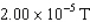 A coaxial cable consists of a thin insulated straight wire carrying a current of 2.00 A surrounded by a cylindrical conductor carrying a current of 3.50 A in the opposite direction.The cylindrical conductor has a radius of 0.420 cm.What is the magnitude of the magnetic field outside of the cylindrical conductor 2.00 cm from the central wire? A)    B)    C)    D)   