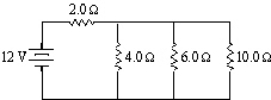 Three resistors connected in parallel have individual values of 4.0,6.0 and 10.0 W,respectively.If this combination is connected in series with a 12-V battery and a 2.0-W resistor,what is the current in the 10-W resistor?   A) 0.59 A B) 1.0 A C) 11 A D) 16 A