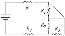 Which two resistors are in parallel with each other?   A) R and R<sub>4</sub> B) R<sub>2</sub> and R<sub>3</sub> C) R<sub>2</sub> and R<sub>4</sub> D) R and R<sub>1</sub>