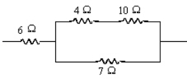 To find the equivalent resistance of the combination of resistors shown below by the method of possibly repeated applications of combining resistors in series and /or combining resistors in parallel,the first step would be which of the following?   A) Combine the 6.0 W and the 7.0 W in series. B) Combine either the 4.0 W and the 10.0 W in parallel or the 7.0 W and the 10.0 W in parallel first,since either could be the first step with the other the second step. C) Combine the 4.0 W and the 10.0 W in series. D) Combine the 6.0 W,the 4.0 W,and the 10.0 W in series in a single step.
