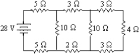 To find the equivalent resistance of the combination of resistors shown across the 28-V battery by the method of possibly repeated applications of combining resistors in series and /or combining resistors in parallel,the first step would be which of the following?   A) Combine the two 10 W in parallel since they can be done in your head. B) Combine,in series,the two 3-W resistors and the 4-W resistor in the right-hand branch of the circuit. C) Combine the seven resistors (two 5 W,three 3 W,one 2 W and one 4 W) in the outer loop of the circuit in series. D) This problem cannot be done by combining series and parallel resistors.