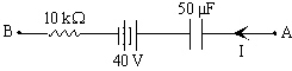 If I = 2.0 mA and the potential difference,V<sub>A</sub> - V<sub>B</sub> = +30 V in the circuit segment shown,determine the charge and polarity of the capacitor.   A) 1.5 mC,left plate is positive B) 1.5 mC,right plate is positive C) 0.50 mC,left plate is positive D) 0.50 mC,right plate is positive