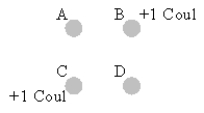 Four charges are at the corners of a square,with B and C on opposite   Corners.Charges A and D,on the other two corners,have equal charge,while both B and C have a charge of +1.0 C.What is the charge on A so that the force on B is zero? A)  −1.0 C B)  −0.50 C C)  −0.35 C D)  −0.71 C 