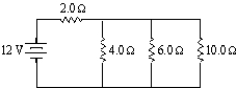 Three resistors connected in parallel have individual values of 4.0,6.0 and 10.0 Ω,respectively.If this combination is connected in series with a 12-V battery and a 2.0-Ω resistor,what is the current in the 10-Ω resistor?   A)  0.59 A B)  1.0 A C)  11 A D)  16 A 