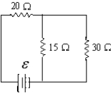 If ε = 9.0 V,what is the current in the 15-Ω resistor?   A)  0.20 A B)  0.30 A C)  0 10 A D)  0.26 A 