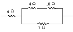 To find the equivalent resistance of the combination of resistors shown below by the method of possibly repeated applications of combining resistors in series and /or combining resistors in parallel,the first step would be which of the following?   A)  Combine the 6.0 Ω and the 7.0 Ω in series. B)  Combine either the 4.0 Ω and the 10.0 Ω in parallel or the 7.0 Ω and the 10.0 Ω in parallel first,since either could be the first step with the other the second step. C)  Combine the 4.0 Ω and the 10.0 Ω in series. D)  Combine the 6.0 Ω,the 4.0 Ω,and the 10.0 Ω in series in a single step. 