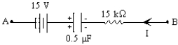 In the circuit segment shown if I = 7 mA and Q = 50 µC,what is the potential difference,V<sub>A</sub> - V<sub>B</sub>?   A)  −40 V B)  +40 V C)  +20 V D)  -20 V 