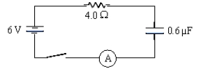 A circuit contains a 6.0-V battery,a 4.0-Ω resistor,a 0.60-µF capacitor,an ammeter,and a switch all in series.What will be the current reading immediately after the switch is closed?   A)  zero B)  0.75 A C)  1.5 A D)  10 A 