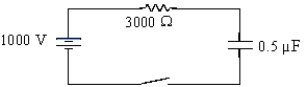 <strong>A 1 000-V battery,a 3 000-Ω resistor,and a 0.50-µF capacitor are connected in series with a switch.The capacitor is initially uncharged.What is the value of the current the moment after the switch is closed? </strong> A) 0.39 A B) 0.33 A C) 0.84 A D) 2 000 A
