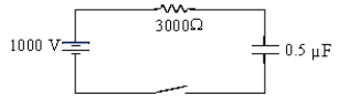 <strong>A 1 000-V battery,a 3 000-Ω resistor,and a 0.50-μF capacitor are connected in series with a switch.The time constant for such a circuit,designated by the Greek letter,τ,is defined as the time that the capacitor takes to charge to 63% of its capacity after the switch is closed.What is the current in the circuit at a time interval of τ seconds after the switch has been closed? </strong> A) 0.14 A B) 0.21 A C) 0.12 A D) 0.32 A