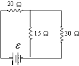 If ε = 9.0 V,what is the current in the 30-Ω resistor?   A)  0.30 A B)  0.26 A C)  0.10 A D)  0.20 A 