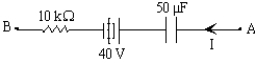 If I = 1.0 mA and the potential difference,V<sub>A</sub> - V<sub>B</sub> = +30 V in the circuit segment shown,determine the charge and polarity of the capacitor.   A)  1.0 mC,left plate is positive B)  3.5 mC,right plate is positive C)  3.5 mC,left plate is positive D)  1.0 mC,right plate is positive 