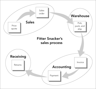    Figure 3-1 The sales process at Fitter Snacker -Describe the problems with the Fitter Snacker Credit Check,as illustrated in the accompanying figure.