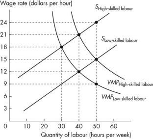 Use the figure below to answer the following questions.   Figure 18.3.5 -Refer to Figure 18.3.5.This figure shows the labour supply curves and the value of marginal product curves for high-skilled and low-skilled workers.If there is an increase in the supply of high-skilled workers and the supply of high-skilled workers is now equal to the supply of low-skilled workers,then A) wages paid to high-skilled workers would fall to $12 an hour. B) wages paid to high-skilled workers would fall to $15 an hour. C) wages paid to high-skilled workers would fall to $18 an hour. D) there would be no change in the wages of high-skilled workers,because high-skilled workers always earn more than low-skilled workers. E) there would be no change in the wages of high-skilled workers,because their value of marginal product is unchanged.