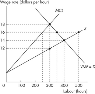 Use the figure below to answer the following questions.   Figure 17.3.3 -Refer to Figure 17.3.3.For the monopsonist employer illustrated in this figure,the profit-maximizing wage rate is ________ and the quantity of labour hired is ________. A) $18 per hour;300 hours B) $16 per hour;350 hours C) $16 per hour;500 hours D) $14 per hour;400 hours E) $12 per hour;300 hours