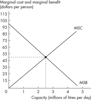 Use the figure below to answer the following question.   Figure 16.2.3 -Refer to Figure 16.2.3.The graph provides information about a waste disposal system in a city of 1 million people.If the city installs the efficient capacity,then each person pays ________ in taxes. A) $125 B) $62.50 C) $250 D) zero E) $31.25