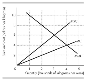 Use the figure below to answer the following questions.   Figure 16.3.1 -Figure 16.3.1 shows the marginal private cost curve,marginal social cost curve,and marginal social benefit curve for cod,a common resource.A quota that results in the common resource being used efficiently is set at A) 0 kilograms a week. B) 4,000 kilograms a week. C) 3,000 kilograms a week. D) 5,000 kilograms a week. E) 1,000 kilograms a week.