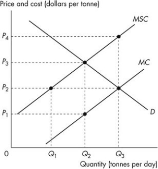 Use the figure below to answer the following questions.   Figure 15.2.1 -Refer to Figure 15.2.1.The figure shows the marginal private cost curve,the marginal social cost curve and the market demand curve of a mining firm.To promote an efficient allocation of resources,the government could impose a constant per unit tax equal to A) P<sub>4</sub>. B) P<sub>1</sub>. C) P<sub>3</sub> - P<sub>1</sub>. D) P<sub>4</sub> - P<sub>1</sub>. E) P<sub>3</sub> - P<sub>2</sub>.