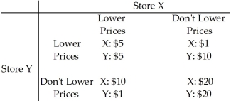 Use the table below to answer the following question. Table 14.2.3   -Refer to Table 14.2.3.Store X and Store Y must decide whether or not to lower their prices.The table gives the economic profit made by Store X and Store Y.Which one of the following observations is correct? A) Both Store X and Store Y have a dominant strategy of raising their prices. B) If Store X lowers its prices and Store Y does not,Store X will earn a $20 profit. C) If Store Y lowers its prices,Store X will be better off not lowering its prices. D) Both Store X and Store Y would be better off if they could collude and agree to not lower prices. E) Both Store X and Store Y have a dominant strategy of lowering their prices.