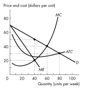 Use the figure below to answer the following questions.   Figure 13.2.1 -Refer to Figure 13.2.1.If this firm is in monopolistic competition,it produces output A) of 40 units. B) of 60 units. C) of 80 units. D) that is less than 40 units. E) equal to the output of competing firms.