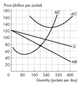 Use the figure below to answer the following questions.   Figure 13.2.6 -Refer to Figure 13.2.6,which shows the demand curve,marginal revenue curve and cost curves faced by Gap.Gap's economic ________ is ________ a day. A) loss;$8,000 B) loss;$13,000 C) profit;$7,200 D) profit;$13,000 E) loss;$8,960