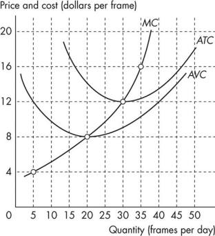 Use the figure below to answer the following question.   Figure 11.3.4 -Refer to Figure 11.3.4,which shows the cost curves of Paul's Picture Frames Inc.The picture frame market is perfectly competitive and the market price is $12 a frame.Paul produces ________ frames each day and makes daily total revenue of ________. A) 20;$240 B) 20;$96 C) zero;zero D) 30;$360 E) 30;zero