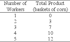 Use the table below to answer the following question. Table 10.2.4    -Refer to Table 10.2.4.The table gives the total product schedule of workers who harvest corn.Diminishing marginal returns begin when the ________ is hired. A) 1st labourer B) 2nd labourer C) 3rd labourer D) 4th labourer E) There are no diminishing marginal returns since total product always rises.