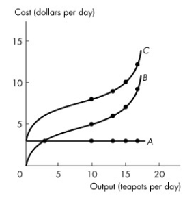 Use the figure below to answer the following question.   Figure 10.3.1 -Refer to Figure 10.3.1.Which one of the following statements is false? A) The total fixed cost curve A. B) Total variable cost and total cost both increase with output. C) The vertical gap between curves B and C is equal to total variable cost. D) Marginal cost is equal to the slope of curve C. E) Total fixed cost is constant.