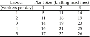 Use the table below to answer the following questions. Table 10.4.1 Swanky's output levels   -Refer to Table 10.4.1,which represents Swanky's production possibilities as the firm varies the quantities of knitting machines and workers per day.If Swanky increases the number of knitting machines from 2 to 3 and increases the number of workers employed from 2 to 3,the factory experiences A) economies of scale. B) constant returns to scale. C) diseconomies of scale. D) constant marginal product. E) minimum efficient scale.