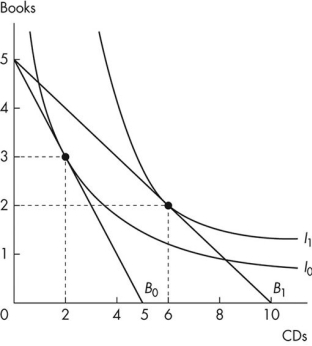 Use the figure below to answer the following questions.   Figure 9.2.3 -Refer to Figure 9.2.3.When Rashid chooses the consumption point of 2 books and 6 CDs,his marginal rate of substitution is A) 1/3 books per CD. B) 1/2 book per CD. C) 3 books per CD. D) 1 book per CD. E) 2 books per CD.