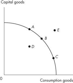 Use the figure below to answer the following question.   Figure 2.1.4 -Refer to the production possibilities frontier in Figure 2.1.4.Which point is unattainable? A) A B) B C) C D) D E) E