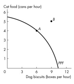 Use the figure below to answer the following questions.   Figure 2.1.6 -Figure 2.1.6 shows the production possibilities frontier for a firm that produces pet food.Point A is ________ and point B is ________. A) unattainable;attainable. B) attainable;unattainable. C) unattainable;unattainable. D) attainable;attainable. E) inefficient;efficient