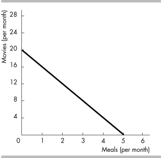   -The figure above shows Tanya's consumption possibilities when the price of a restaurant meal is $20. If the price of a restaurant meal falls to $10 and Tanya buys 12 movie tickets, how many restaurant meals can she buy? A)  2 B)  3 C)  4 D)  5