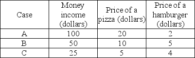   -In the table above, which case has the lowest relative price for a hamburger? A)  case A B)  case B C)  case C D)  All three cases have an equal relative price for a hamburger.