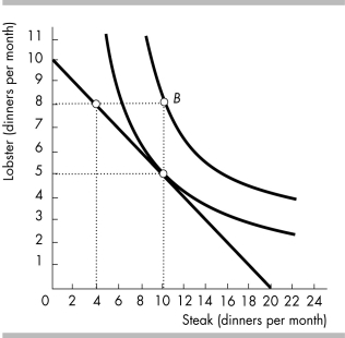   -The above figure shows Jane's budget line and two of her indifference curves. Which of the following happens to Jane's budget line if the price of a lobster dinner fell? A)  It would rotate inward around the vertical intercept, 10 lobster dinners. B)  It would rotate outward around the vertical intercept, 10 lobster dinners. C)  It would rotate inward around the horizontal intercept, 20 steak dinners. D)  It would rotate outward around the horizontal intercept, 20 steak dinners.