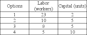 Techniques for making 100 pizzas   -Labor costs $20 per worker and capital costs $100 per unit. Then, according to the above table, which of the following options for pizza production is technologically efficient? A)  Option 1 B)  Option 2 C)  Option 4 D)  All of the above listed options are technologically efficient.