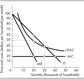   -Natural gas is a natural monopoly. The figure above shows the market for natural gas in the city of Lucknow. When an average cost price rule regulation is imposed, the price per household per month is ________. A)  $20 and 30,000 households are served B)  $40 and 40,000 households are served C)  $40 and 30,000 households are served D)  $60 and 20,000 households are served