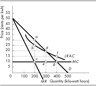   -The figure above provides information about Light-U-Up Utilities, which is a natural monopoly that provides electricity. What is the area of deadweight loss when Light-U-Up is regulated and follows an average cost pricing rule? A)  acg B)  degf C)  deg D)  There is no deadweight loss.