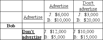 <strong>Jane The payoff matrix of economic profits above displays the possible outcomes for Bob and Jane who are involved in game of whether or not to advertise. After each player chooses his or her best strategy and sees the result</strong> A) only Bob would like to change his decision. B) neither player would be willing to change his or her decision unless the other player also changes his or her decision. C) if Jane does not change her decision, Bob would like to change his. D) if Bob does not change his decision, Jane would like to change hers.