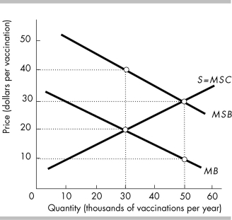   -If the government regulates the market in the above figure in a way to achieve efficiency, then ________ vaccinations will be produced and consumed. A)  0 B)  30 thousand C)  50 thousand D)  None of the above answers is correct.