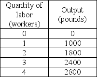   -The preceding table gives monthly production information for Peter's Peanuts, a firm in a perfectly competitive industry. The market price of peanuts is $2.00 per pound. What is the value of marginal product from employing the third worker? A)  $800 B)  $1,200 C)  $2,000 D)  $4,800