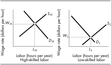   -In the above figure, the long-run effect of providing university education at no charge to all qualified applicants would be to shift the curve S<sub>H</sub> A)  and the curve S<sub>L</sub> leftward. B)  and the curve S<sub>L</sub> rightward. C)  leftward and the curve S<sub>L</sub> rightward. D)  rightward and the curve S<sub>L</sub> leftward.