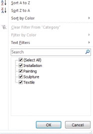   -In the accompanying figure, Installation,   Sculpture,  and  Textile  are all part of the list of ____ options. A)  selection B)  filtering C)  custom D)  query