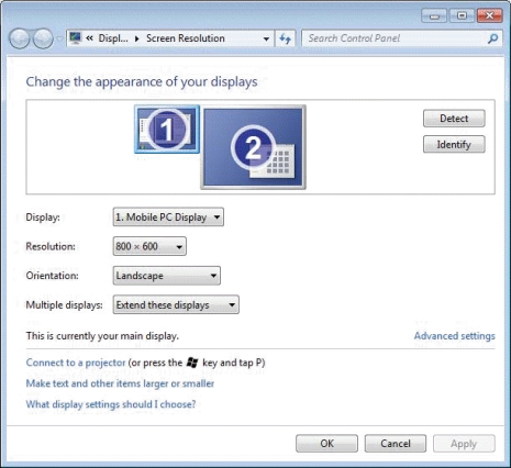   -Referring to the figure above, if you wanted to adjust the display color quality you would ____. A) choose a different Display B) click Detect C) click Identify D) click Advanced settings