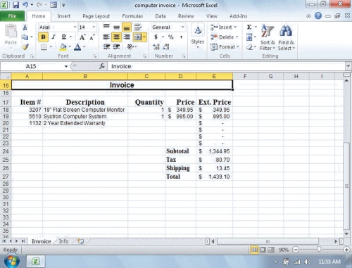   -In the figure above, the word Invoice is centered across columns A through E.This was accomplished by using the Merge & Center button in the ____ group. A) Font B) Alignment C) Number D) Cells
